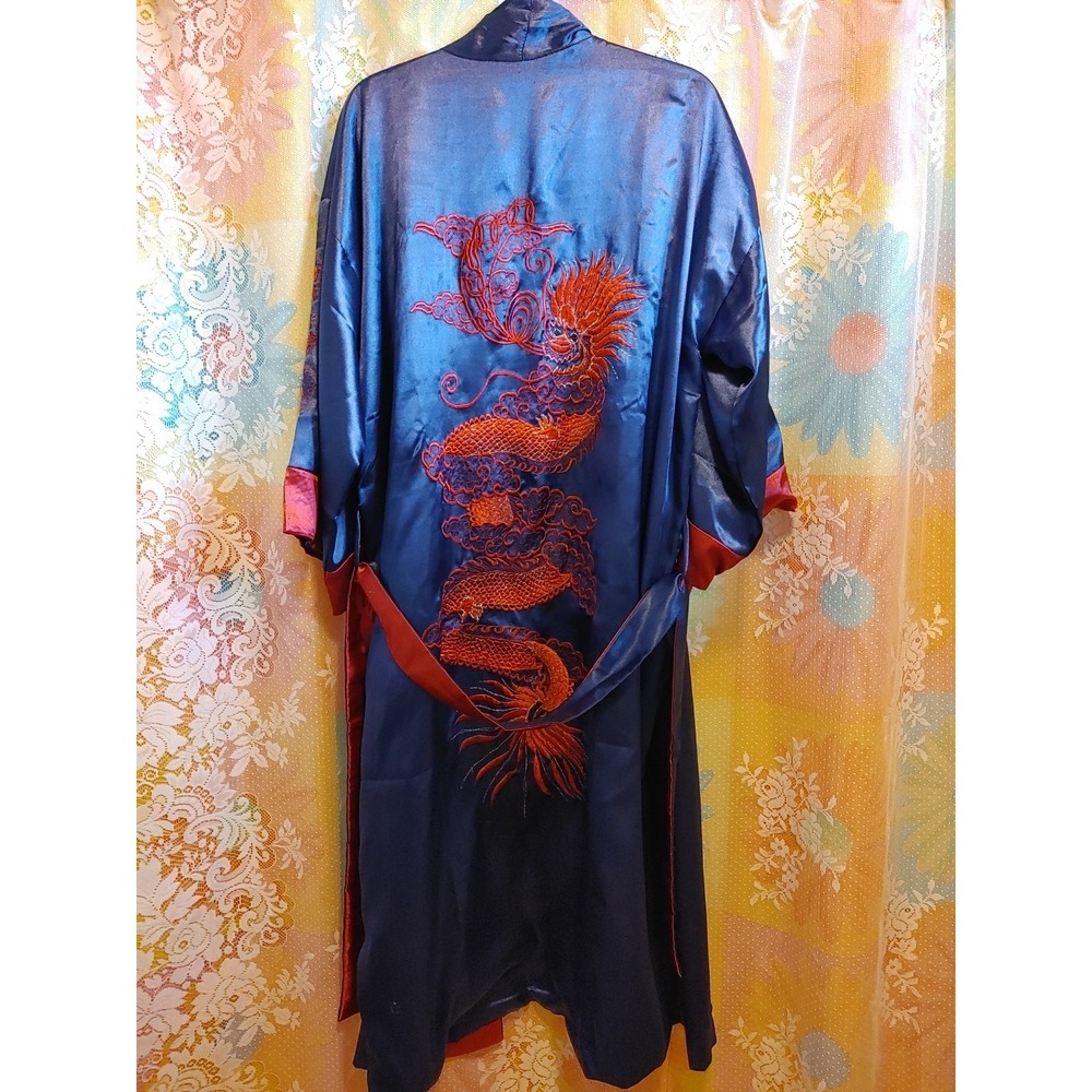 Vintage Asian Reversible Dragon Embroidered Chinese Satin Robe Kimono One Size
